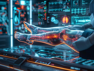 Radiologist examining a patient's leg with an ultrasound device, high-tech holographic interface displaying deep vein thrombosis diagnostics, futuristic medical lab, Neon, 3D render