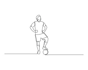 Continuous single line drawing of Football players are posing in front of the camera while stepping on the ball. footbal tournament event Design illustration