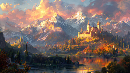 Fototapeta premium illustration of a mythical kingdom ruled by powerful sorcerers with magical citadels ancient libraries and enchanted forests protected by spells wards and mystical guardians