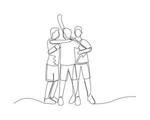 Continuous single line drawing of several football players gathered to celebrate a goal. footbal tournament event design illustration