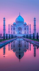 Obraz premium Timeless historical landmark of the Taj Mahal at dawn, its white marble glowing softly, reflected in the tranquil water of the reflecting pool
