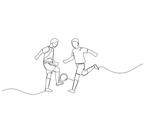 Continuous single line drawing of Two football players are training together, one is practicing dribbling and the other is doing physical training. footbal tournament event . Design illustration