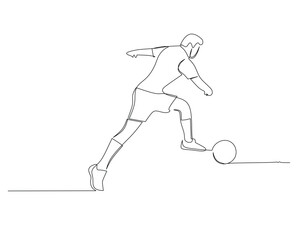 Continuous single line drawing of a football player is dribbling the ball. footbal tournament event design illustration
