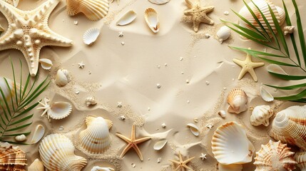 Elegant beach themed frame with seashells and sand backdrop