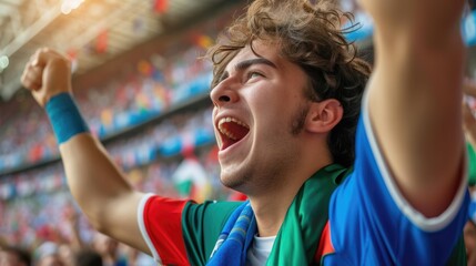 A happy fan at a public event in a stadium, holding an Italian flag with a smile and making a...