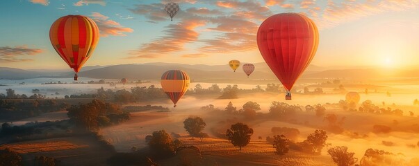 Obraz premium Vibrant hot air balloons floating over a picturesque valley at sunrise, with mist rising from the fields and a golden glow illuminating the landscape