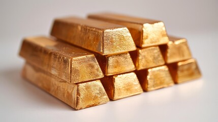 Shiny gold ingots in a perfect stack, bright studio lighting, side angle, plain white background