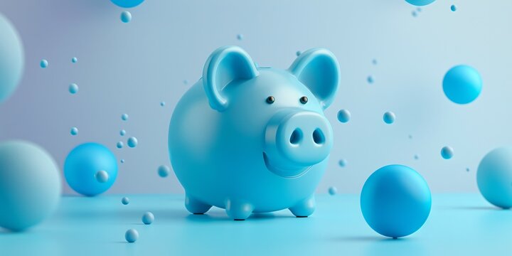 Blue piggy bank 3D rendering on blue background procreate illustration