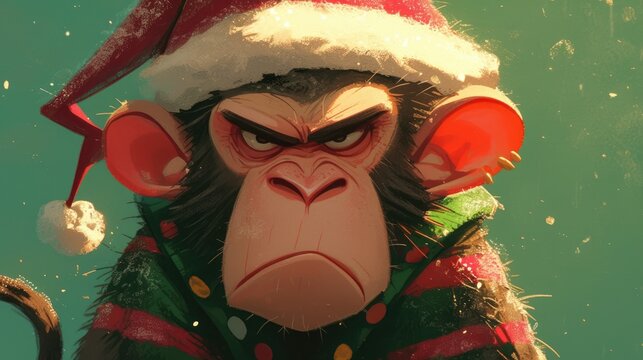 An irate Christmas elf chimpanzee from a cartoon