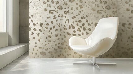 A contemporary office space with walls adorned in subtle off-white leopard print, complemented by a minimalist white modern chair, creating a refined yet adventurous atmosphere.