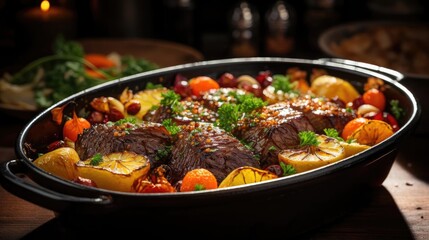 Fototapeta premium delicious pot roast meat with black and blur background