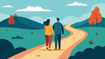 Two people walking side by side on a peaceful trail as the life coach guides their client towards a clearer understanding of their desired life path.. Vector illustration