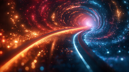 Fototapeta premium Futuristic fast lights with red and blue colors curved in space time.
