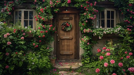 Naklejka premium A cozy cottage entrance featuring a rustic wooden door, surrounded by climbing roses and ivy, with a quaint stone path leading up to the front step.