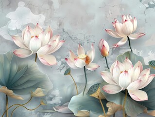 Multiple blooming lotus flowers on a pastel grey background, rendered in a photorealistic style for a peaceful spa-like atmosphere.