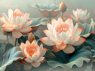 Multiple blooming lotus flowers on a pastel grey background, rendered in a photorealistic style for a peaceful spa-like atmosphere.