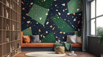 A cozy reading nook enhanced with a wall mural depicting green, navy, and orange terrazzo geometric prisms, where the vivid colors and patterns inspire creativity.