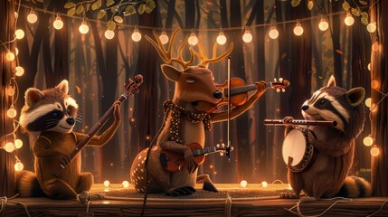 A cozy stage setup featuring a deer with a violin, a raccoon with a banjo, and an owl with a flute, playing soothing folk music under soft, ambient lighting.