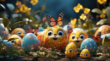 Easter day background with egg ornaments, butterflies and blurred background