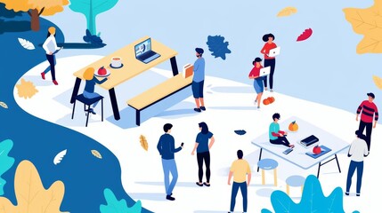 Craft a compelling aerial shot of a Thanksgiving celebration, bustling with engaging activities, against a picturesque background, elegantly leaving space for copy