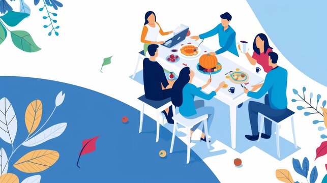 Capture a mesmerizing aerial view of a Thanksgiving feast spread out, showing joyful activity below with ample copy space