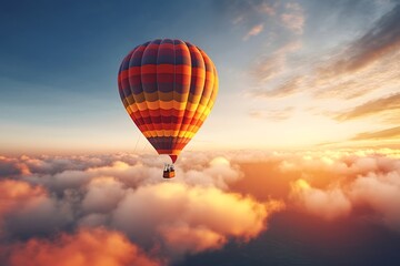 Fototapeta premium Hot air balloon flying high in the sky at sunset
