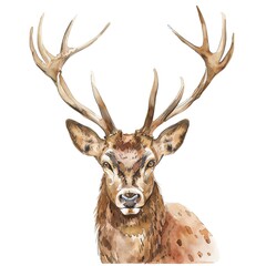 A watercolor painting of a deer with large antlers