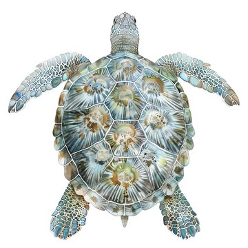 An illustration of a green sea turtle from a top view, with a white background. The turtle's shell is a beautiful pattern of greens and blues, with a yellow-orange center.