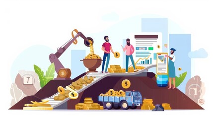 Illustrate a frontal view of the gold refining process in a flat design