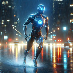 Naklejka premium Front view of rain-soaked futuristic robot running through city street with vibrant neon reflections. Cyberpunk and science fiction concept. Robot running in city street in rain.