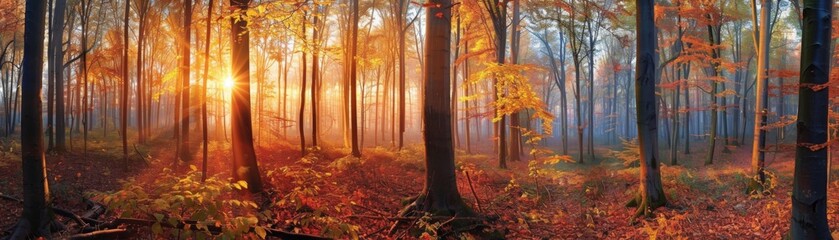 Obraz premium Sunbeams Through Autumn Forest in Morning Mist