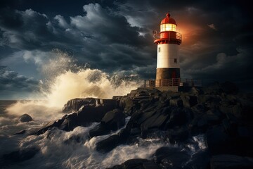 a lighthouse on top of a rocky cliff under a cloudy sky - Powered by Adobe