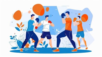 Fototapeta premium Illustrate a shadowboxing session with energetic warm-up drills, emphasizing the trainers focus and the fighters determination against a solid pastel backdrop