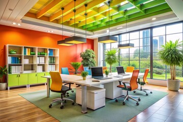 A depiction of a modern office designed with productivity in mind, utilizing vibrant 
