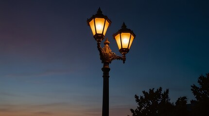 photo of two street lamps at night with a dark blue sky 