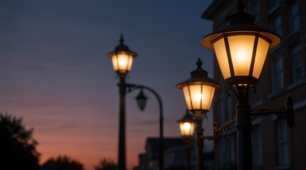 photo of two street lamps at night with a dark blue sky 