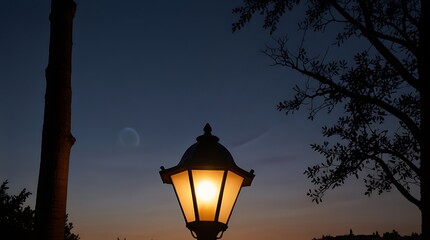 photo of two street lamps at night with a dark blue sky 