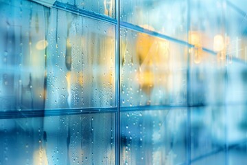 Obraz premium n abstract image focusing on the gleaming glass and steel textures within a modern office setting. Capture reflections and light refractions on these materials, with a shallow depth of field blurring 