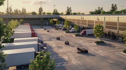 An organized parking lot with a fleet of delivery trucks at a distribution center.
