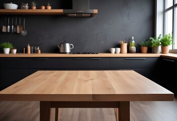 empty clean table in front of kitchen, modern interior design. wood, marble, grey, black, white 