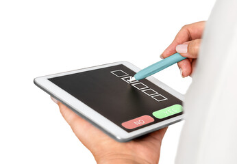 Woman makes a choice on a tablet using a digital pencil isolated