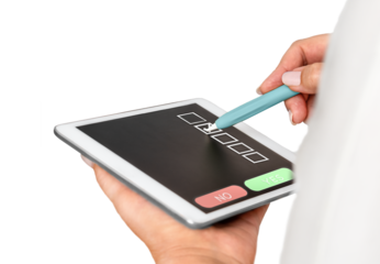 Woman makes a choice on a tablet using a digital pencil isolated