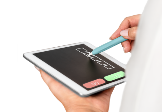 Woman makes a choice on a tablet using a digital pencil isolated