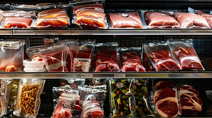 Assorted meats in vacuum packaging, perfectly organized on store shelves.