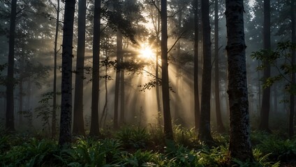 Fototapeta premium shows tall tress in a forest with bright rays of sunlight shining through the trees
