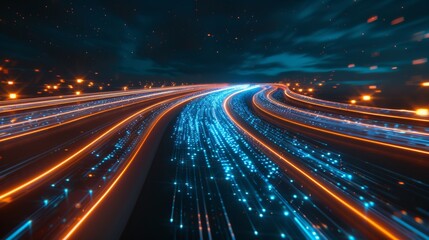 Abstract background with blue and orange light trails on dark sky. Digital technology concept, digital highway for fast data transfer speed 