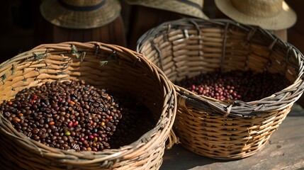 Baskets overflowing with freshly picked coffee beans next to worn straw hats.