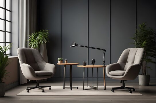 A modern podcast room with two sofa chairs and a mic stand. Minimalist clean podcast room.