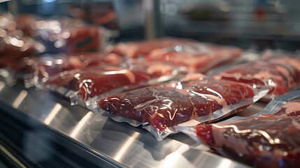 Close-up of vacuum-sealed meat packages neatly lined up in a store's cold section.