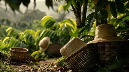 Coffee plants in a lush field, with vintage harvesting baskets and straw hats nearby.